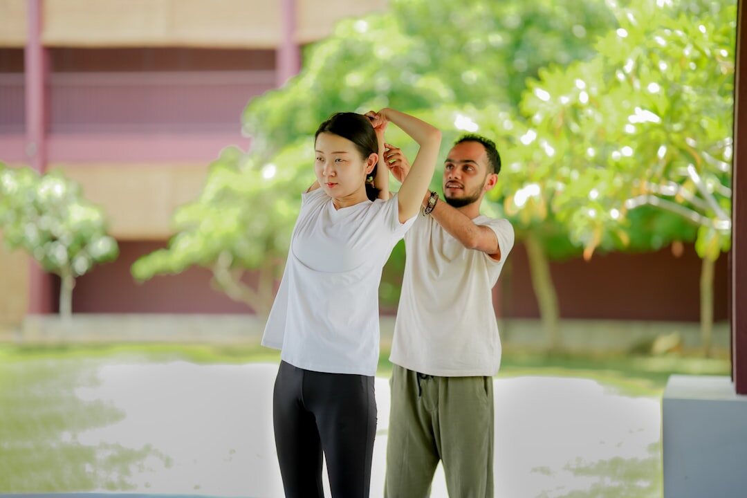 group of happy seniors exercising
